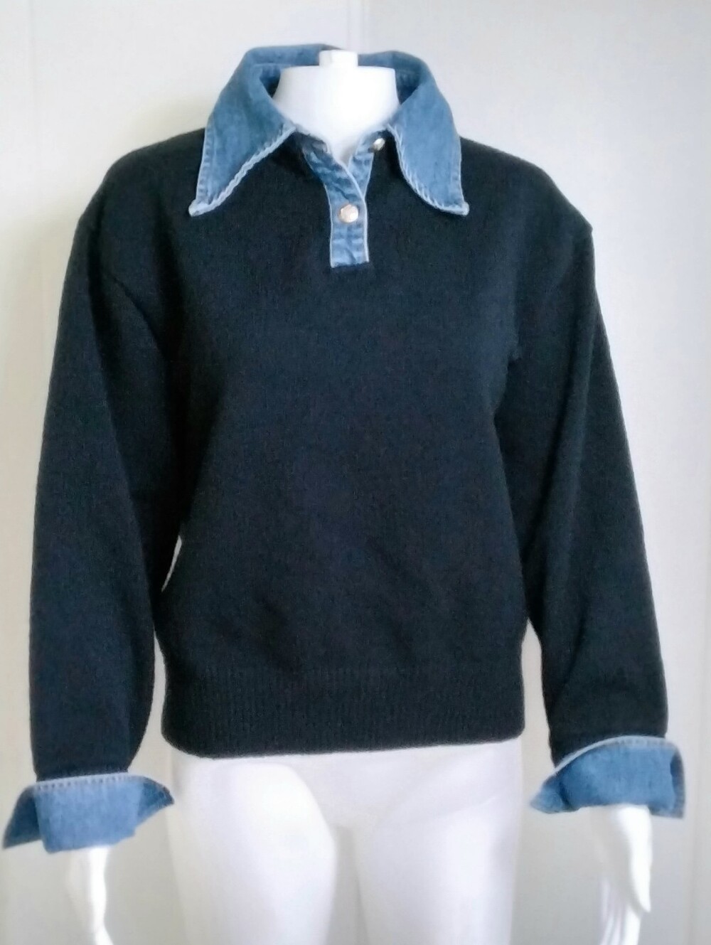 Commense The 2-N-1 Panel Lapel Black Knit Denim Trim Sweater Sz XS